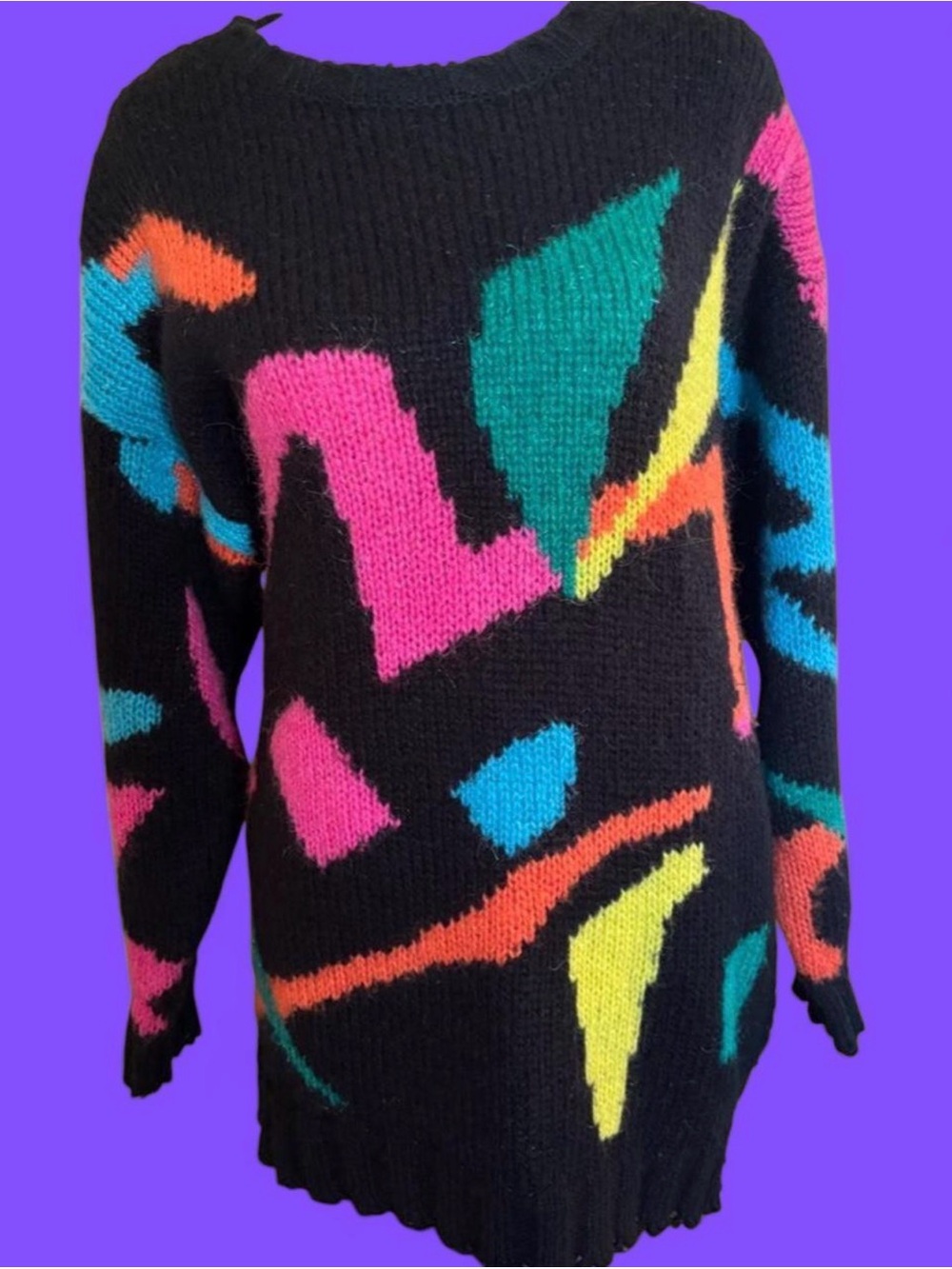 👩🏽‍🎤Vintage Bennini 80s Abstract Neon Fuzzy Oversized Knit Sweater
